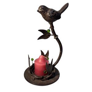 Bird Themed Metal Candle Holder With Green Bead Accents 6.75" Tall